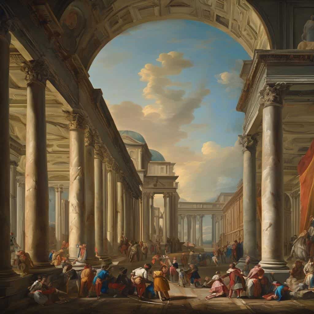 Ριζική εικονική απεικόνιση αρχαίου ελληνικού θεάτρου με πλήθος θεατών και νεαρών ανθρώπων, σε ένα σκηνικό εμπνευσμένο από την κλασική αρχαιότητα, ιδανικό για ιστορία και τέχνη.