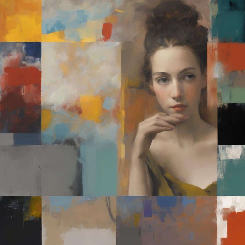 ένα πορτρέτο νεαρής γυναίκας με αναγεννησιακό στυλ, σε μοντέρνο αφηρημένο φόντο ζωγραφικής τέχνης, ψηφιακή τέχνη, μοντέρνα art, πορτρέτο γυναίκας, καλλιτέχνες που αντιπροσώπευσαν την εποχή τους.