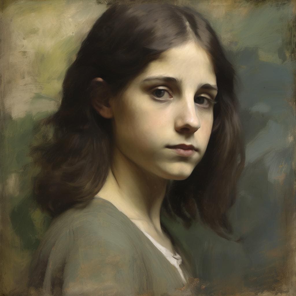 Ορχηστρική πορτρέτο νεαρής γυναίκας, αντιπροσώπευση καλλιτέχνιδας που αντιπροσωπεύει την εποχή της, σε ρεαλιστικό ζωγραφικό στυλ, με μακριά καστανά μαλλιά και σοβαρή έκφραση.