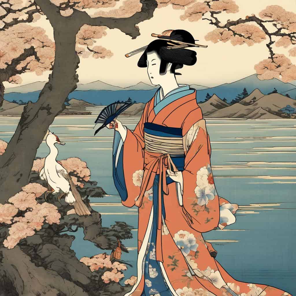 Ιαπωνίδα γυναικεία μορφή σε παραδοσιακή φορεσιά με Κιόνγκ και ομπρέλα, υπό ανθισμένες κερασιές με ορεινό τοπίο και λίμνη, εκπροσωπώντας την ιστορική και πολιτιστική κληρονομιά της Ιαπωνίας.