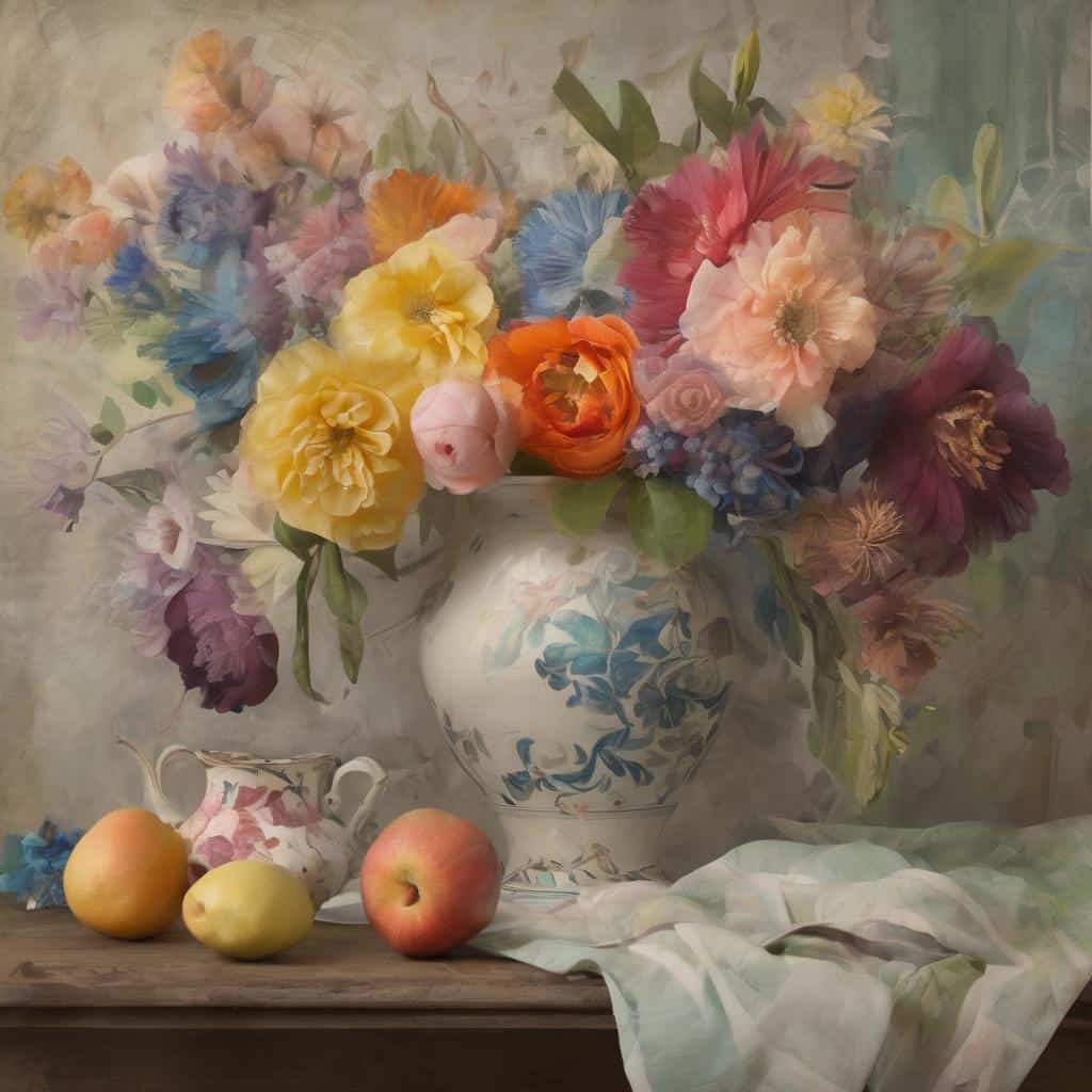 Λουλούδια σε βάζο, με φρούτα και διακοσμητικό αγγείο, σε μια όμορφη και ρομαντική σύνθεση, ιδανική για καλλιτέχνες που αντιπροσωπεύουν την εποχή τους, όπως στην τέχνη της ζωγραφικής.