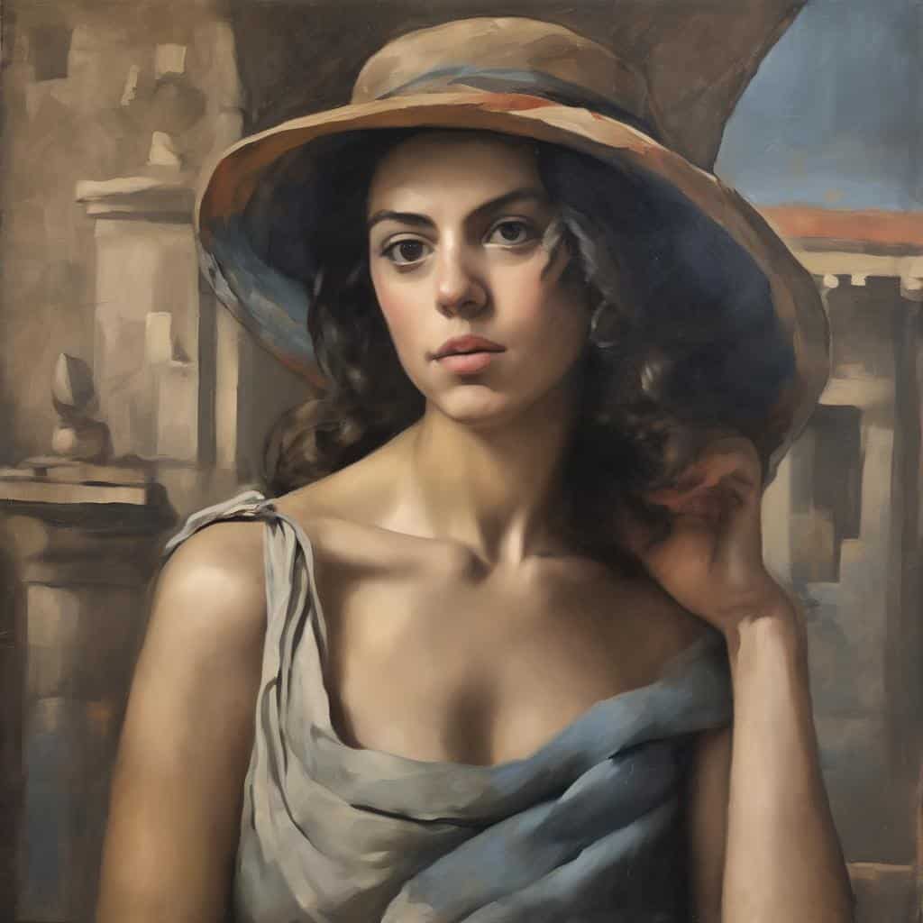 Παραδοσιακή γυναίκα με καπέλο σε ρεαλιστικό πορτρέτο, αντιπροσωπεύοντας την εποχή της με έμφαση στη ντόπια τέχνη και το πολιτιστικό φαινόμενο.